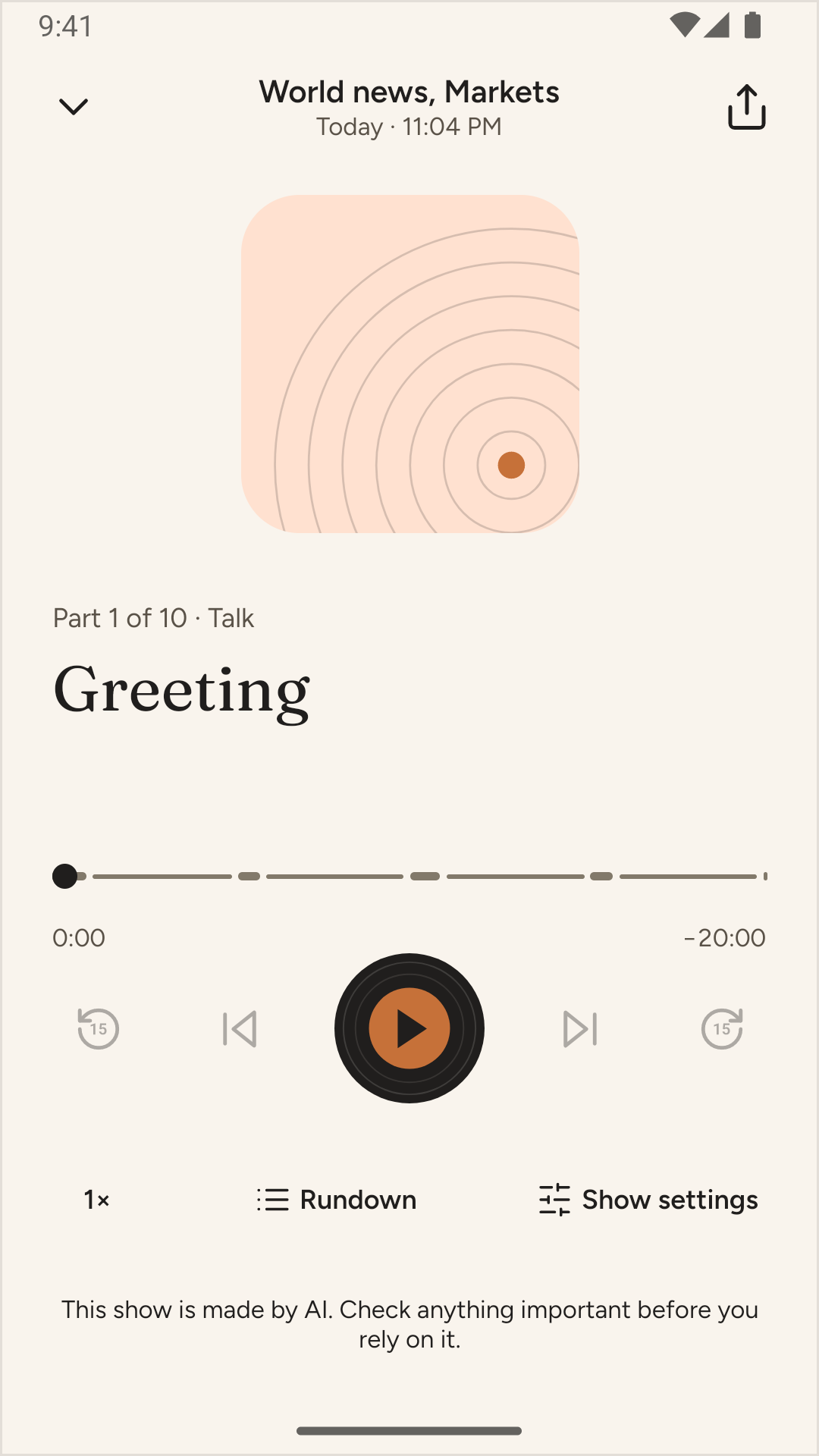 The Podoyo player: a show called World news, Markets, part 1 of 10, with a play button drawn as a record and the line “This show is made by AI. Check anything important before you rely on it.”